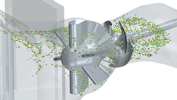 Particles representing fish move through FishSafe turbine model. Discrete Element Modeling (DEM) is a tool we use to understand the efficacy of Natel FishSafe designs.